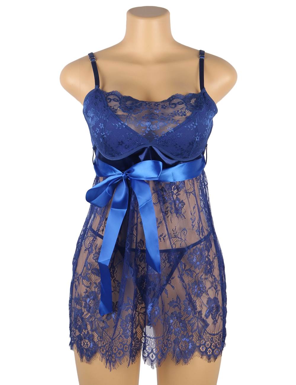 Sexy Eyelash Blue Lace Chest Pad Sleepwear With Thong