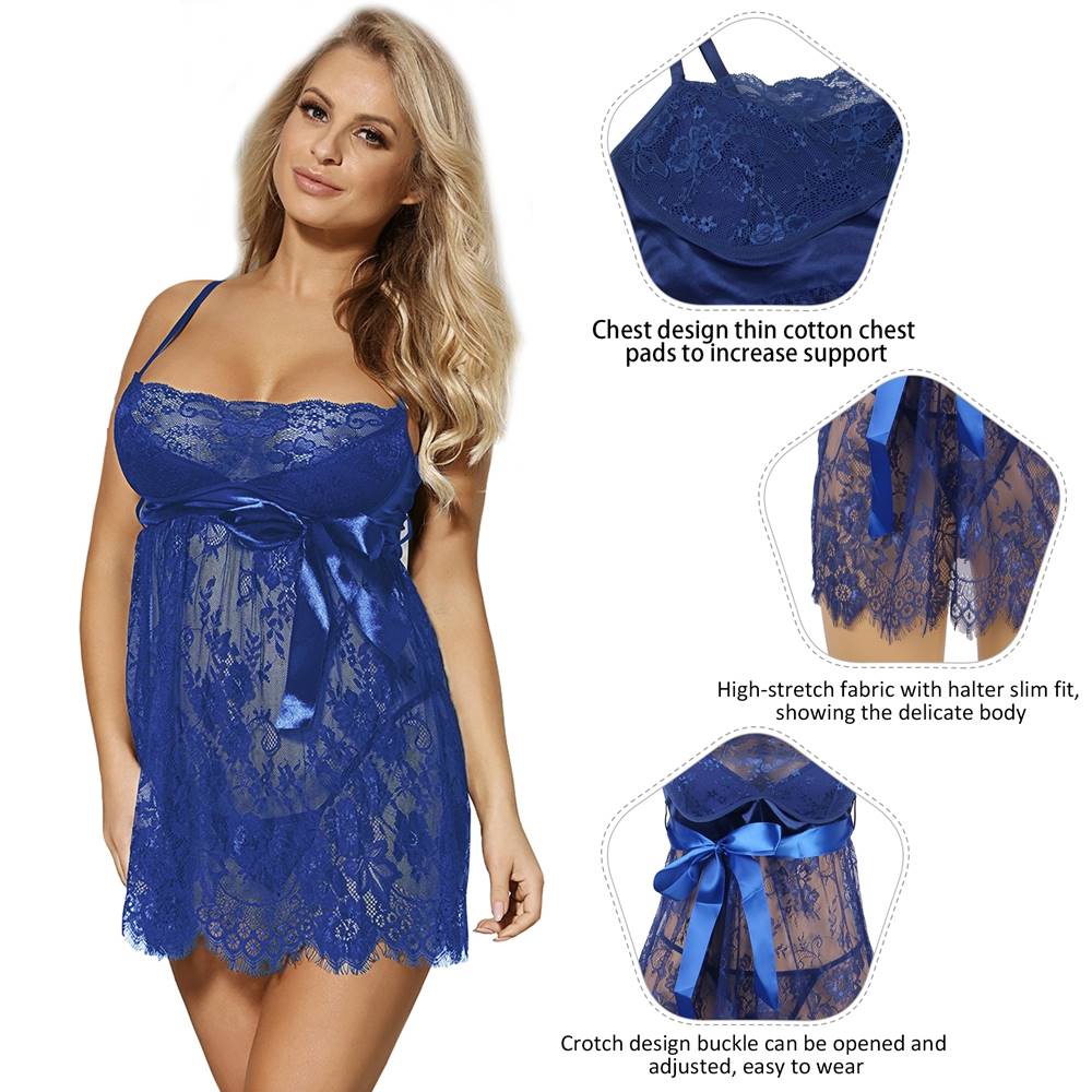 Sexy Eyelash Blue Lace Chest Pad Sleepwear With Thong