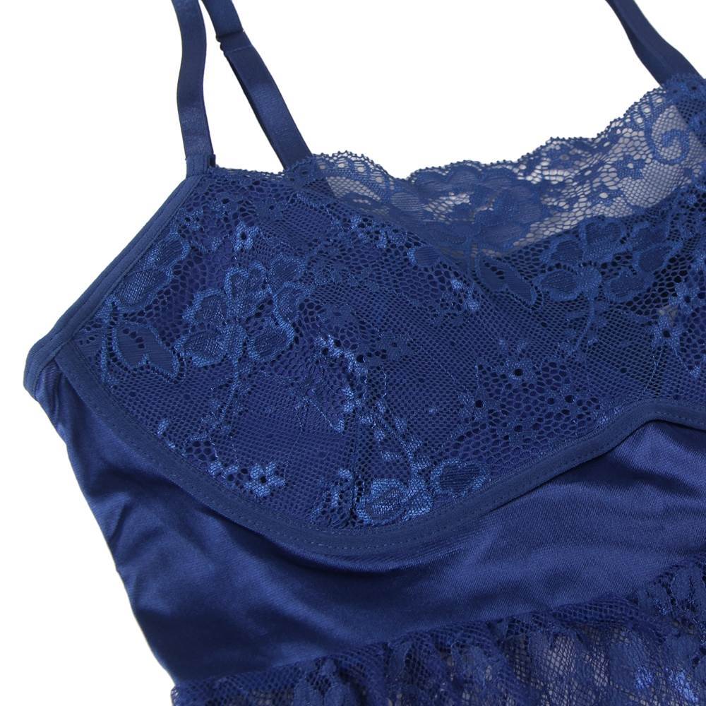 Sexy Eyelash Blue Lace Chest Pad Plus Size Sleepwear With Thong