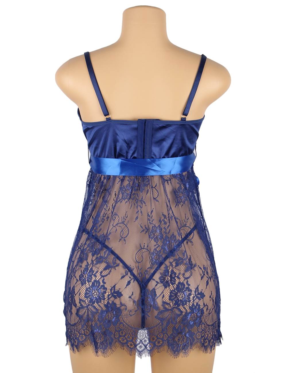 Sexy Eyelash Blue Lace Chest Pad Plus Size Sleepwear With Thong