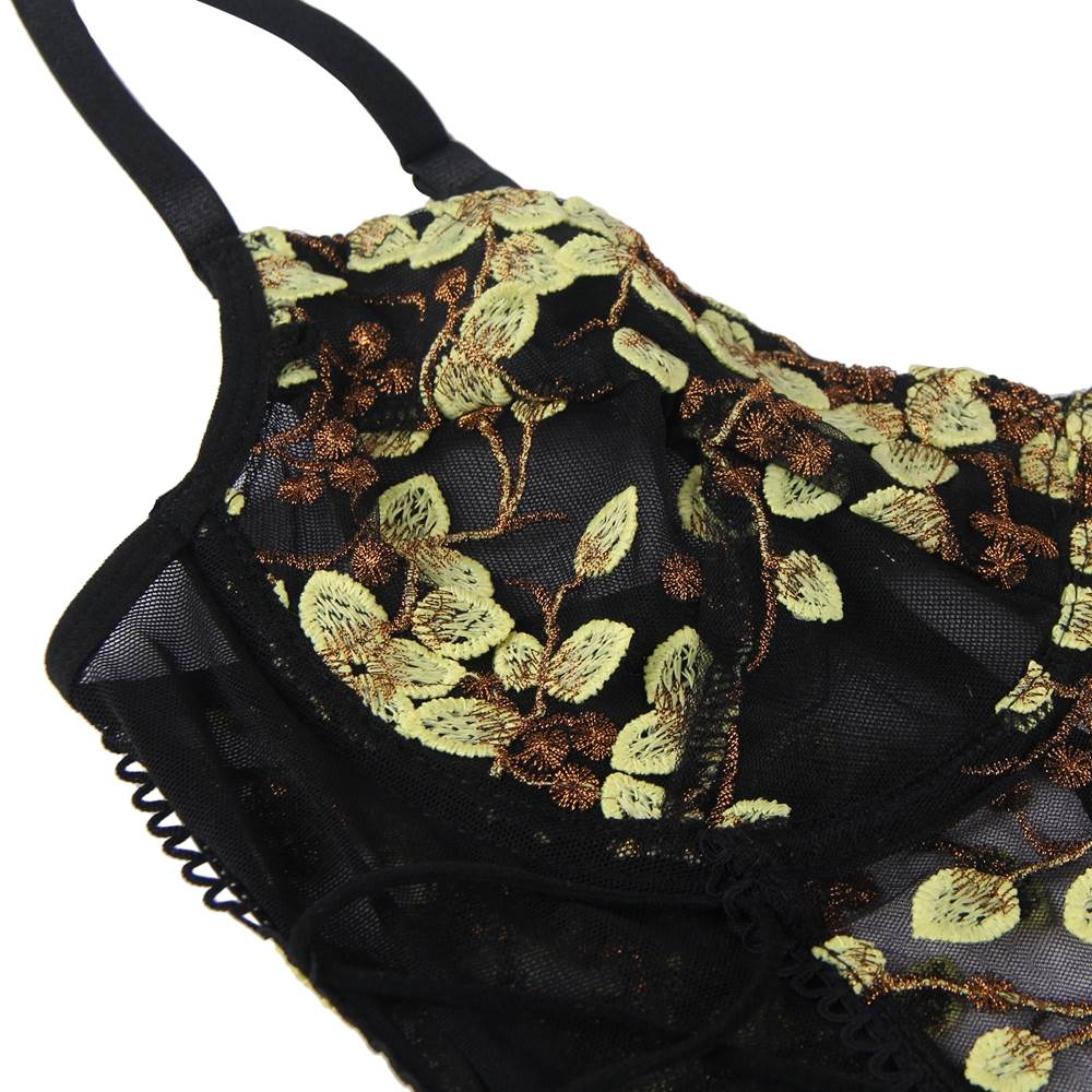 Fashion Embroidery Black Mesh Bodysuit With Underwire