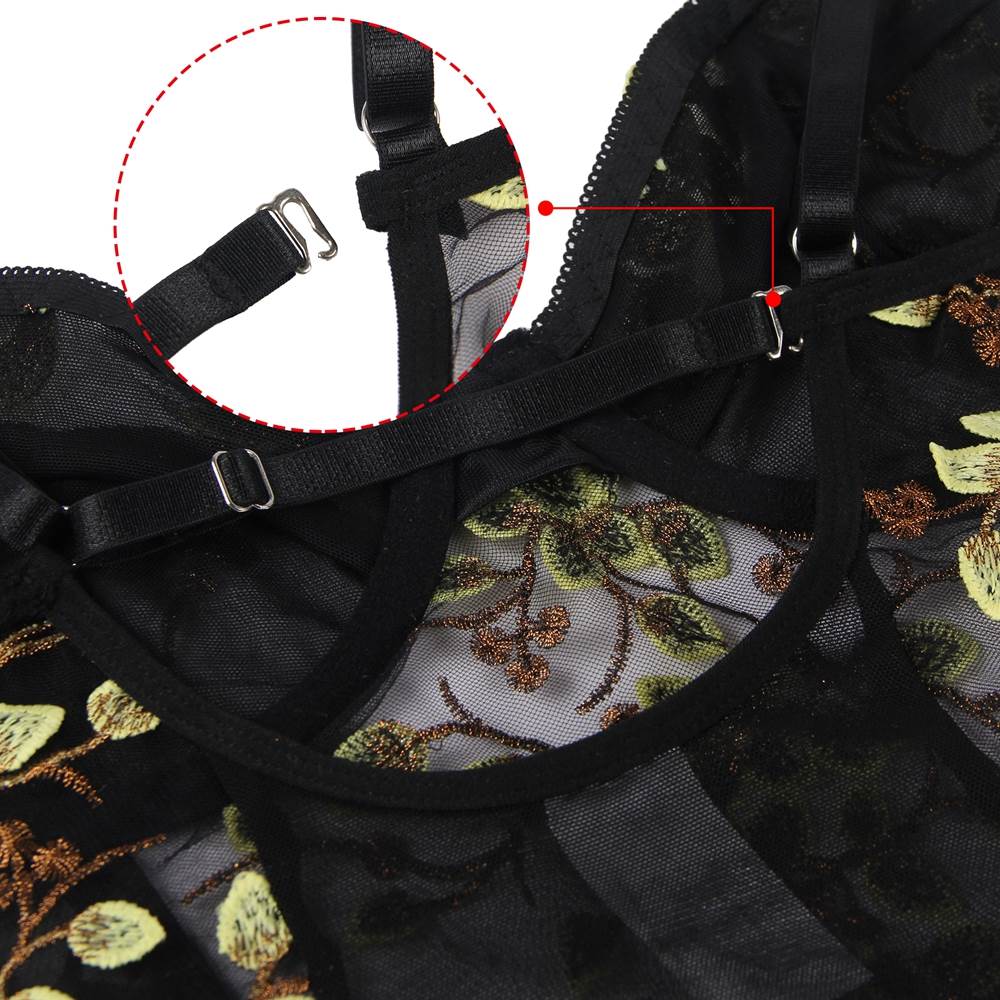 Fashion Embroidery Black Mesh Bodysuit With Underwire