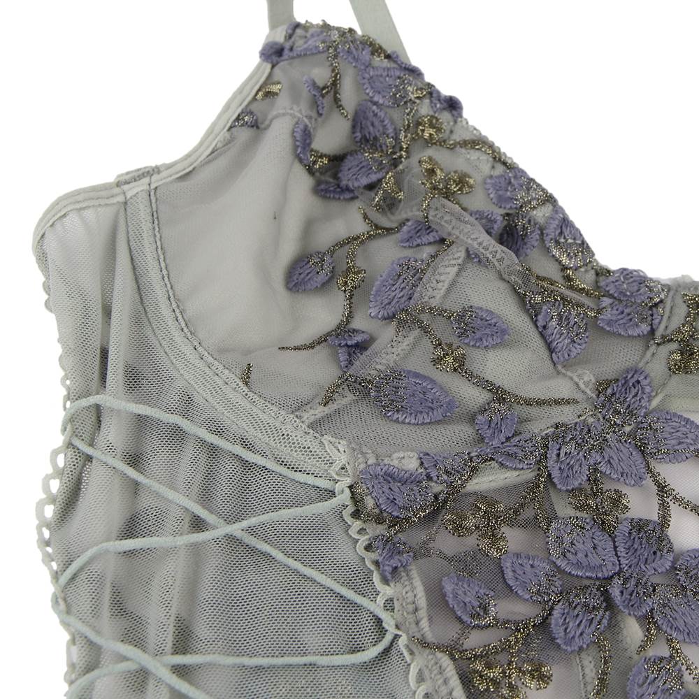 Plus Size Grey Bodysuit With Underwire  Fashion Embroidery Mesh Lingerie