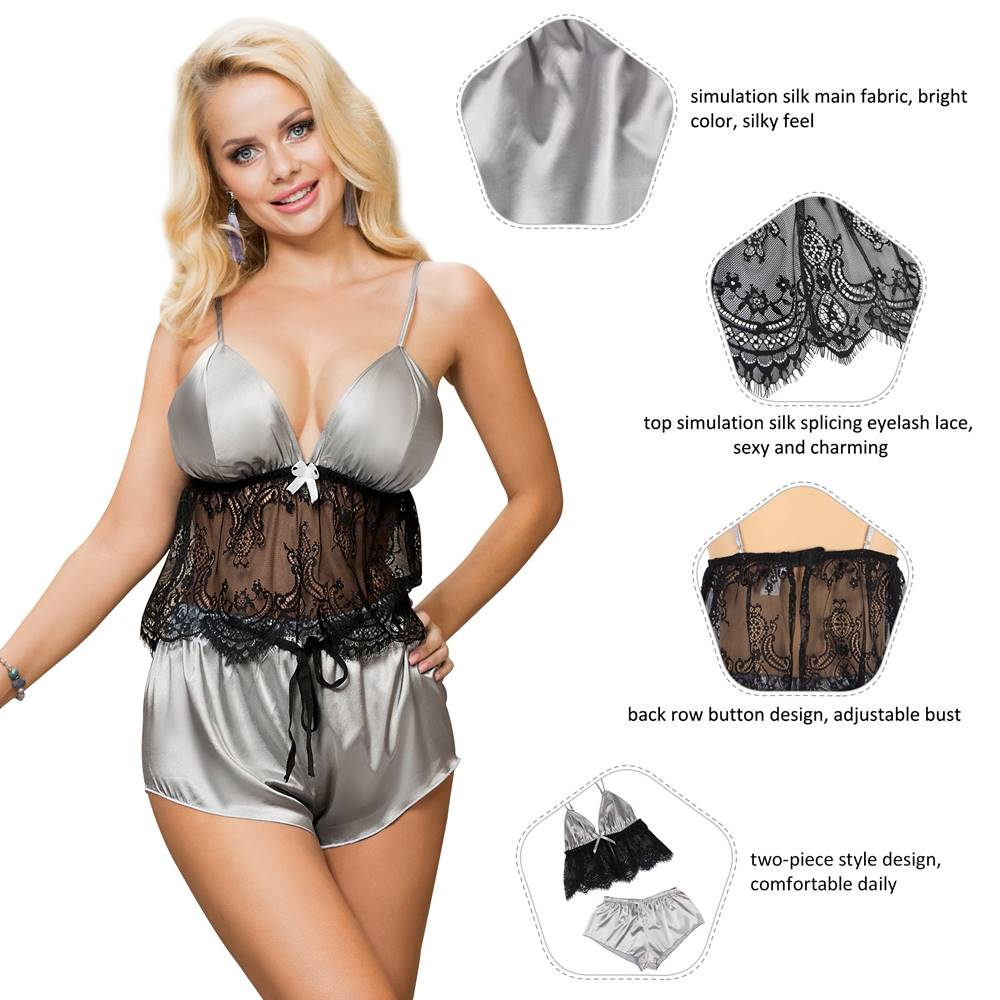 Modisches Seiden-Camisole-Nachtwäsche-Set mit Wimpernspitze