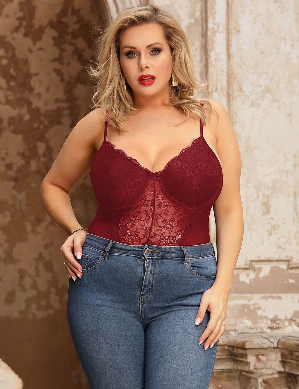 Plus Size Crotch Open Red High Quality Lace Splicing Sexy Teddy With Underwire