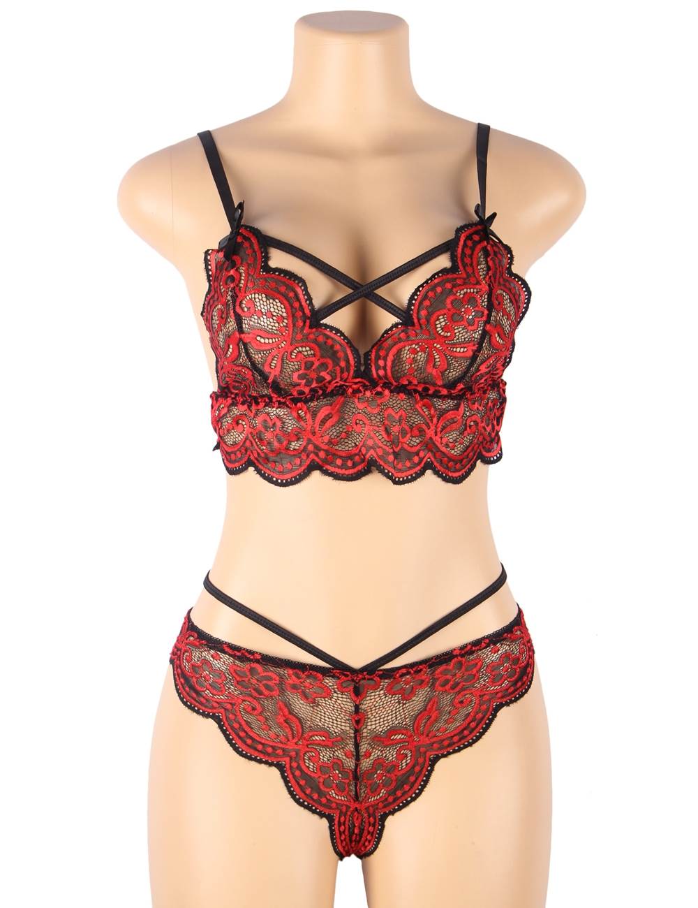 Ensemble soutien-gorge sexy de haute qualité avec dentelle rouge et bretelles croisées