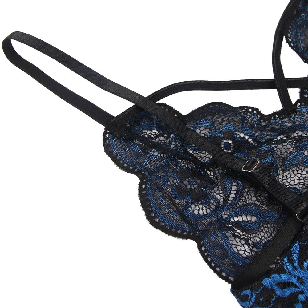 Hochwertiges, sexy BH-Set aus blauer Spitze mit gekreuzten Trägern