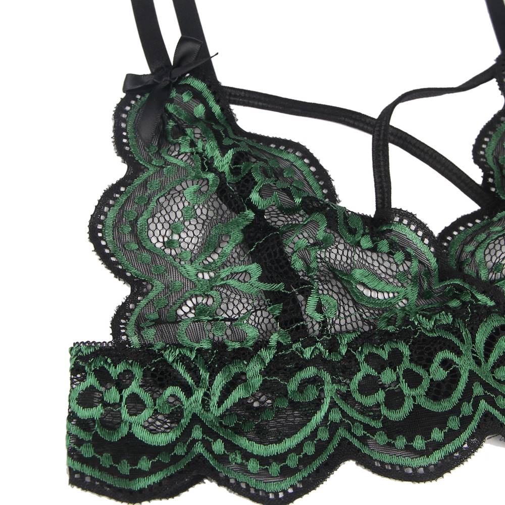 Ensemble soutien-gorge sexy de haute qualité avec bretelles croisées en dentelle verte