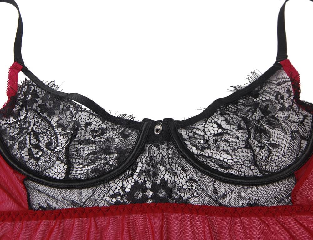 Sexy Splicing Sheer Eyelash Trim Lace Back split Babydoll Set With Underwire