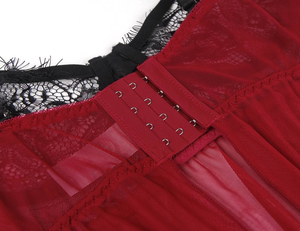 Sexy Splicing Sheer Eyelash Trim Lace Back split Babydoll Set With Underwire