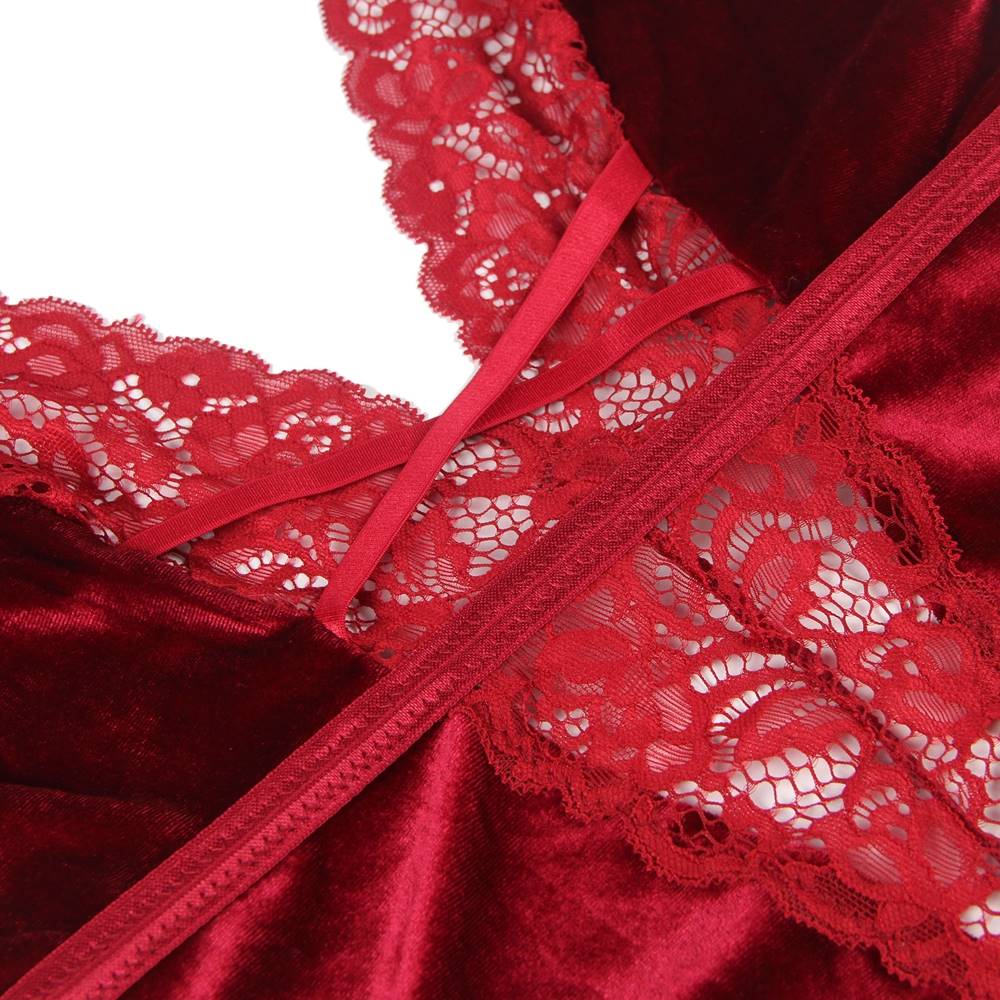 Deep V garter lace velvet stitching teddy