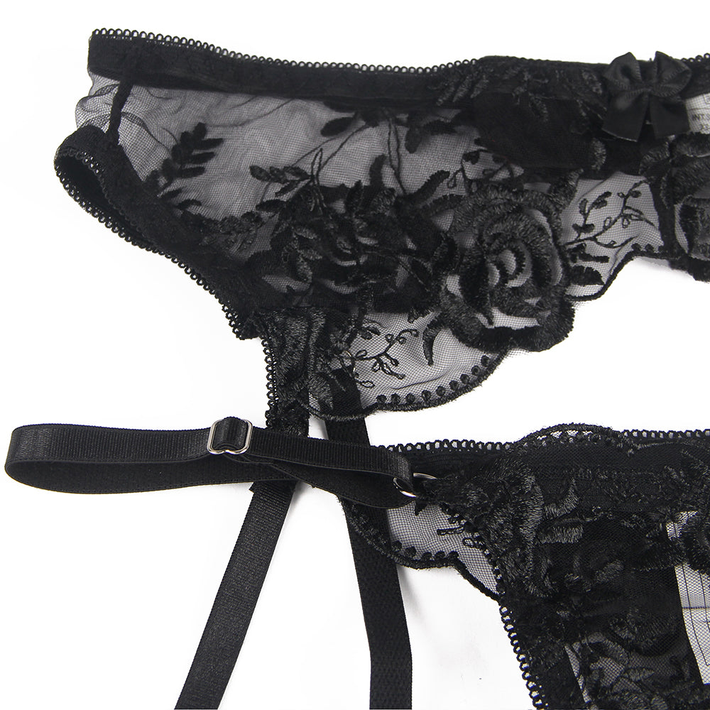 Dessous-Set mit Bügel-Strumpfhalter und floraler Stickerei