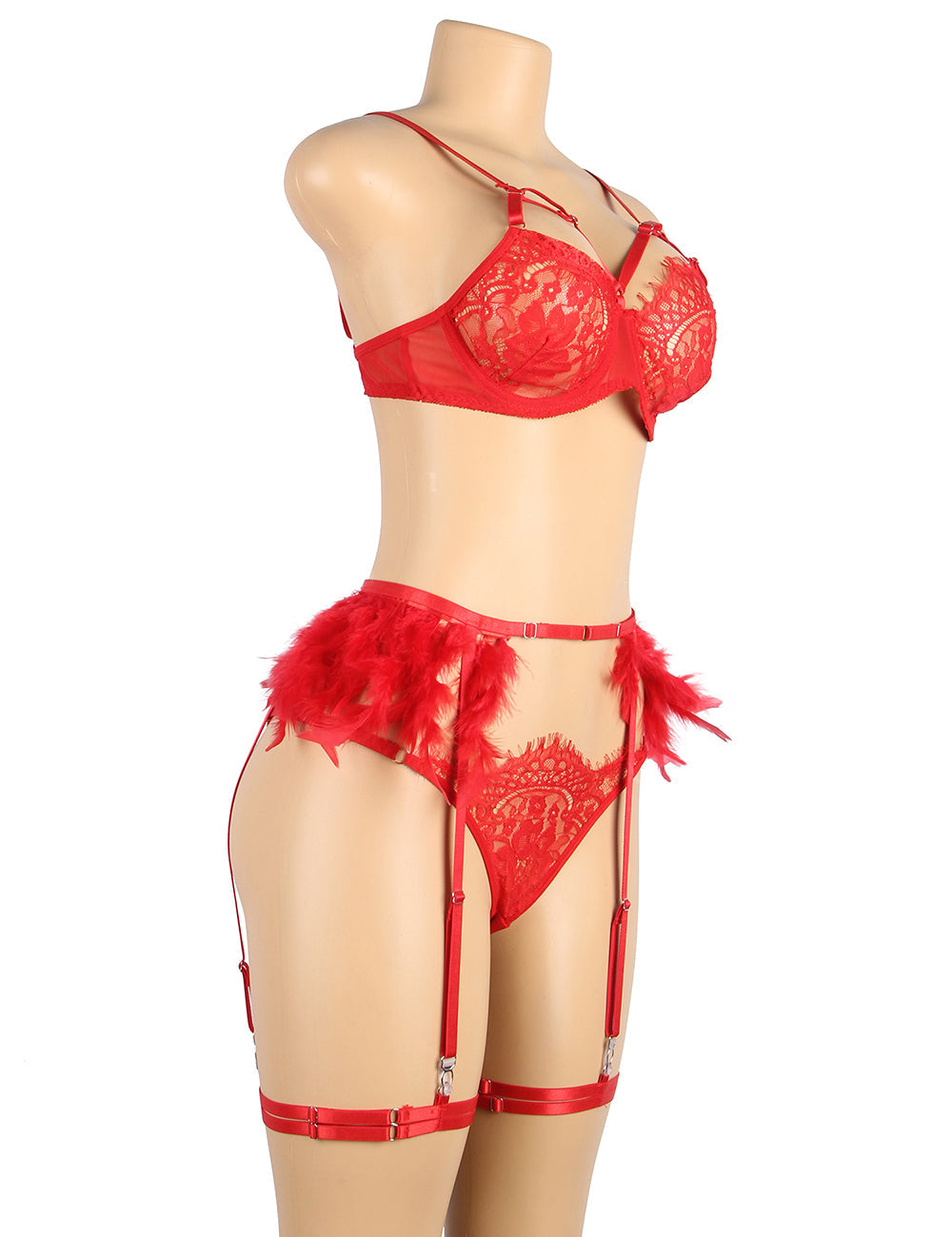 Red Feather Lace Underwire Garter Lingerie Set
