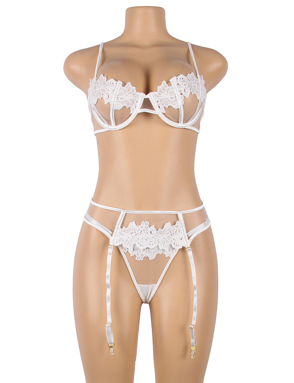 White Floral Lace Underwire Garter Bra Set