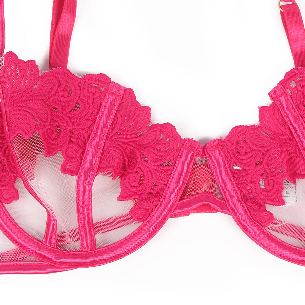 Ensemble de lingerie à jarretières et armatures en dentelle florale rose