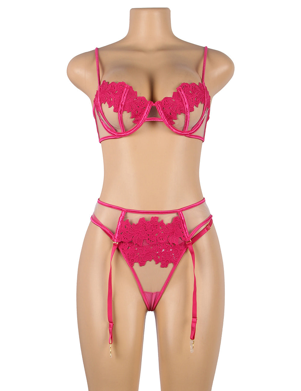 Ensemble de lingerie à jarretières et armatures en dentelle florale rose