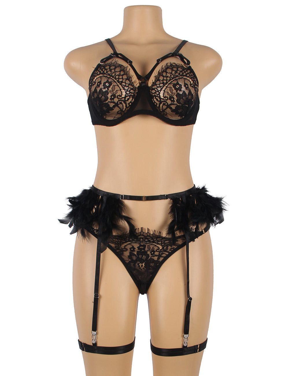 Black Feather Lace Underwire Garter Lingerie Set