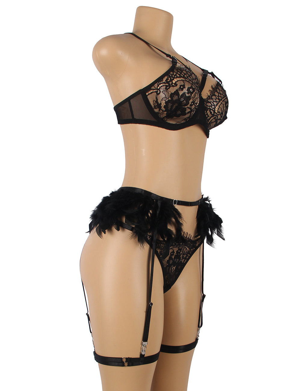 Black Feather Lace Underwire Garter Lingerie Set