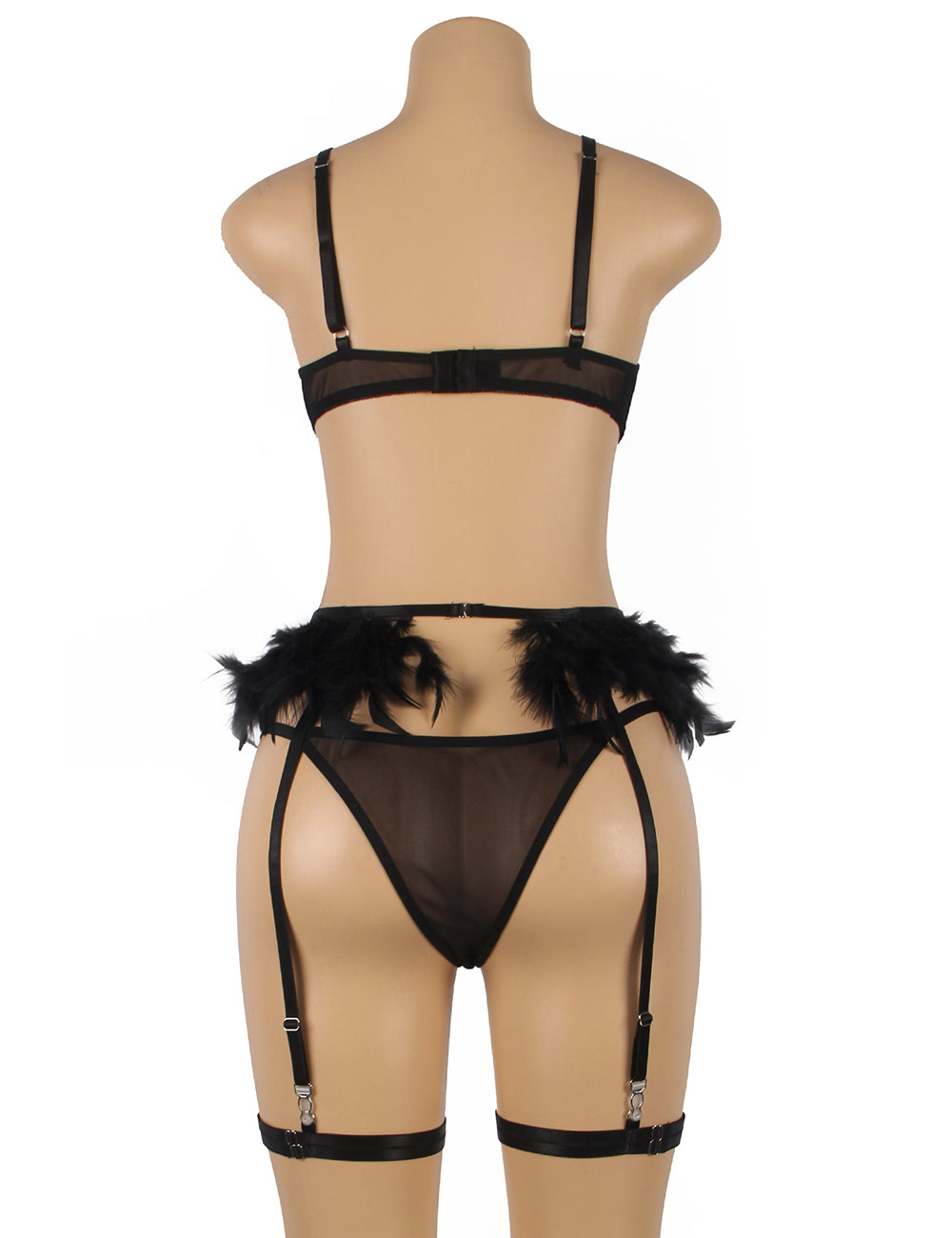 Black Feather Lace Underwire Garter Lingerie Set