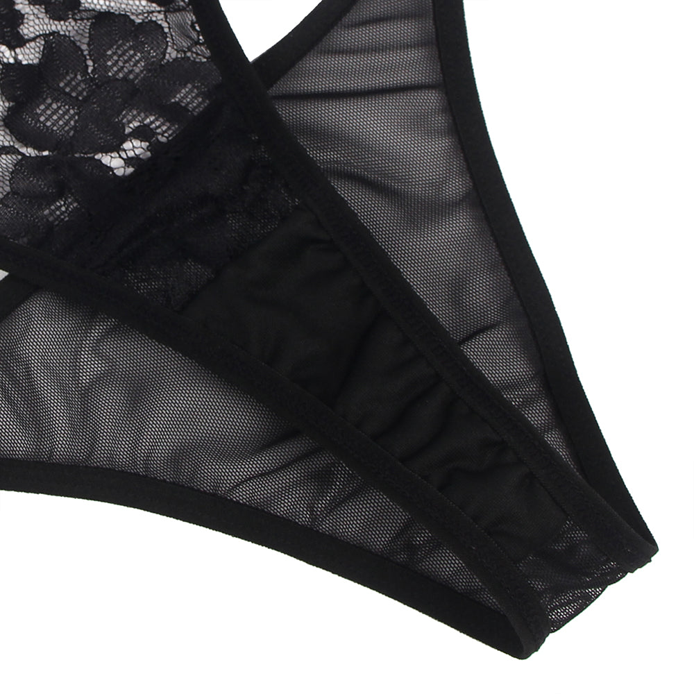 Black Feather Lace Underwire Garter Lingerie Set