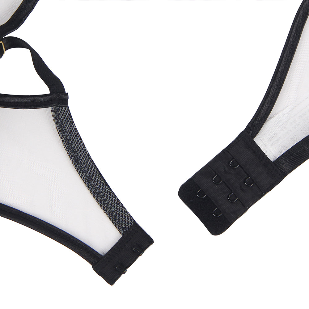 Schwarzes Dessous-Set mit Bügel-Strumpfhalter und floraler Spitze