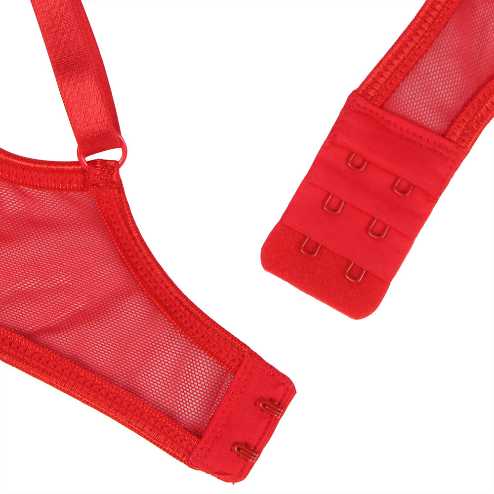 Red Underwire Mesh Flower Patterns Bra Set