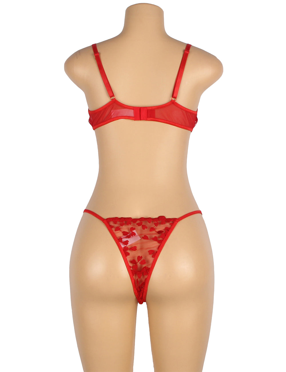 Red Underwire Mesh Flower Patterns Bra Set