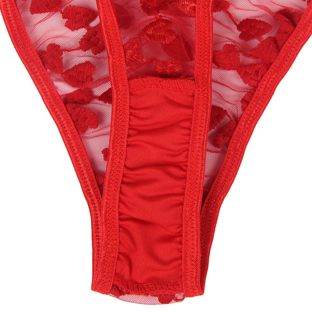 Red Underwire Mesh Flower Patterns Bra Set