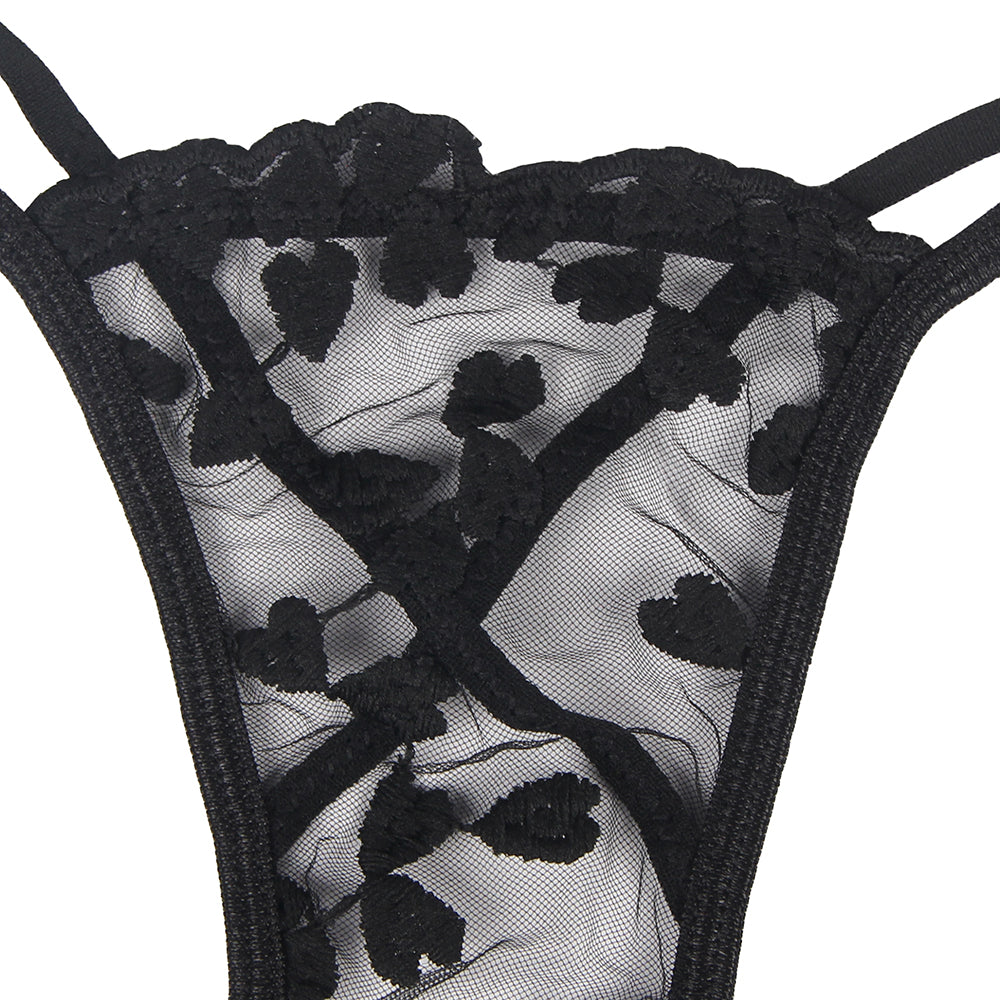 Black Underwire Mesh Flower Patterns Bra Set