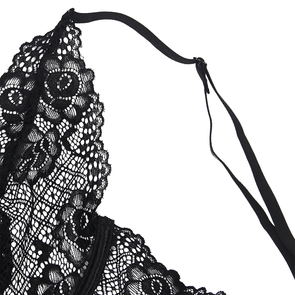 Sexy Black Lace Floral Decoration Underwire Backless Leather Lingerie