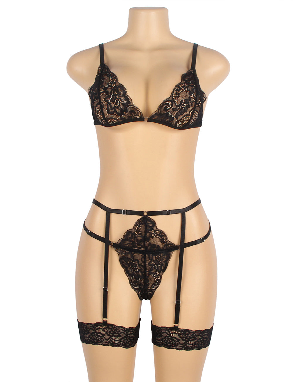 Black Lace Hollow Out Design Garter Belt Leg Ring Bra Set