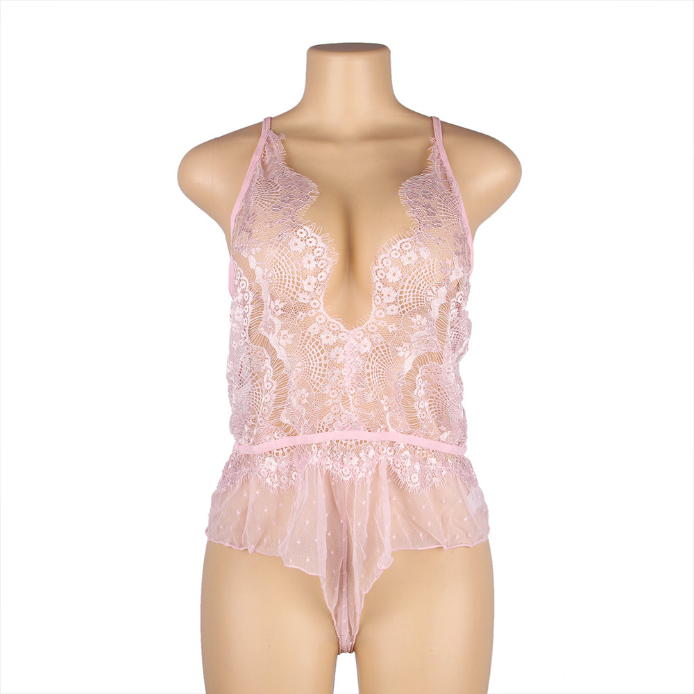 Pink Lace Floral Deep V Neck Sheer Teddy Lingerie
