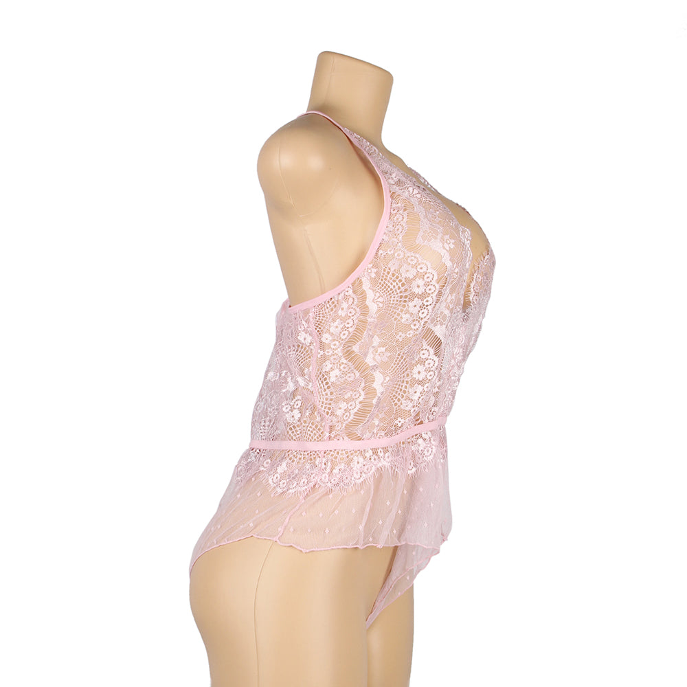 Pink Lace Floral Deep V Neck Sheer Teddy Lingerie