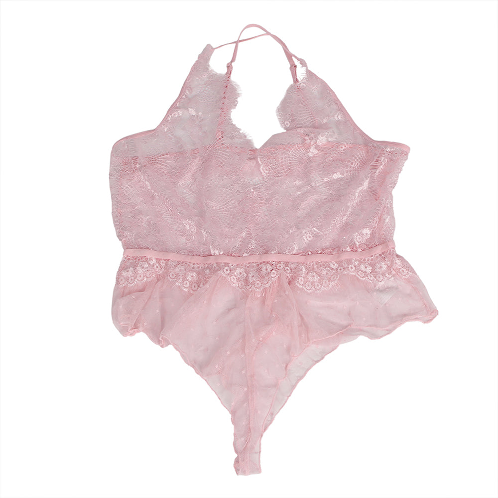 Pink Lace Floral Deep V Neck Sheer Teddy Lingerie