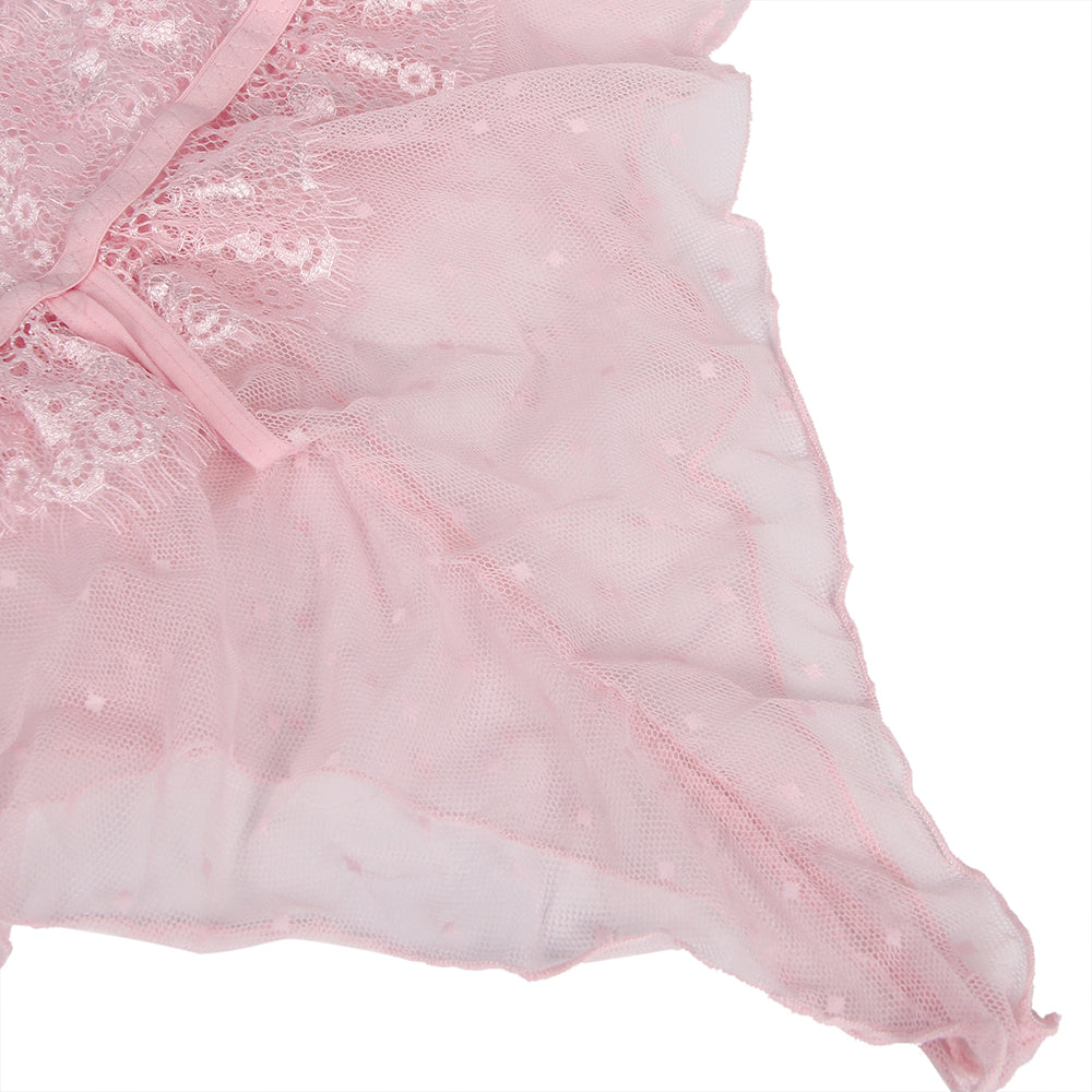 Pink Lace Floral Deep V Neck Sheer Teddy Lingerie