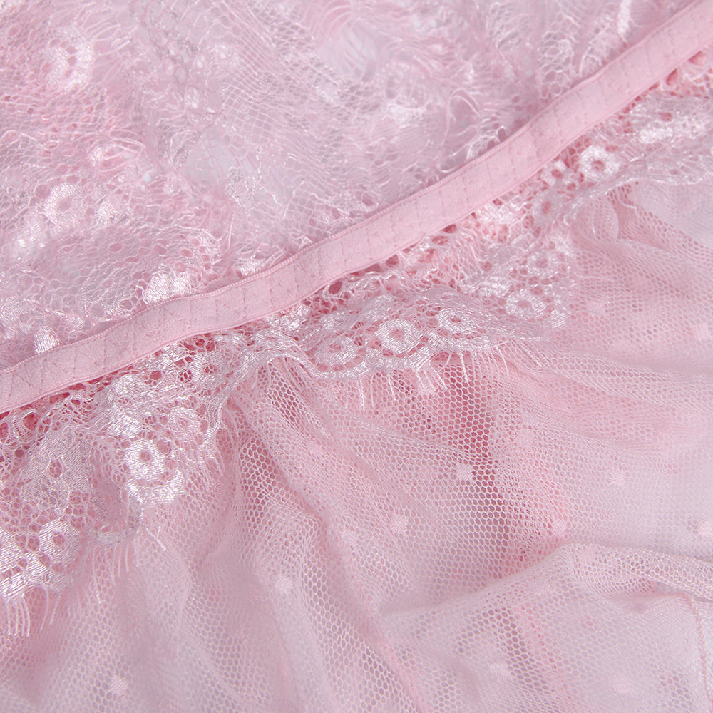 Pink Lace Floral Deep V Neck Sheer Teddy Lingerie