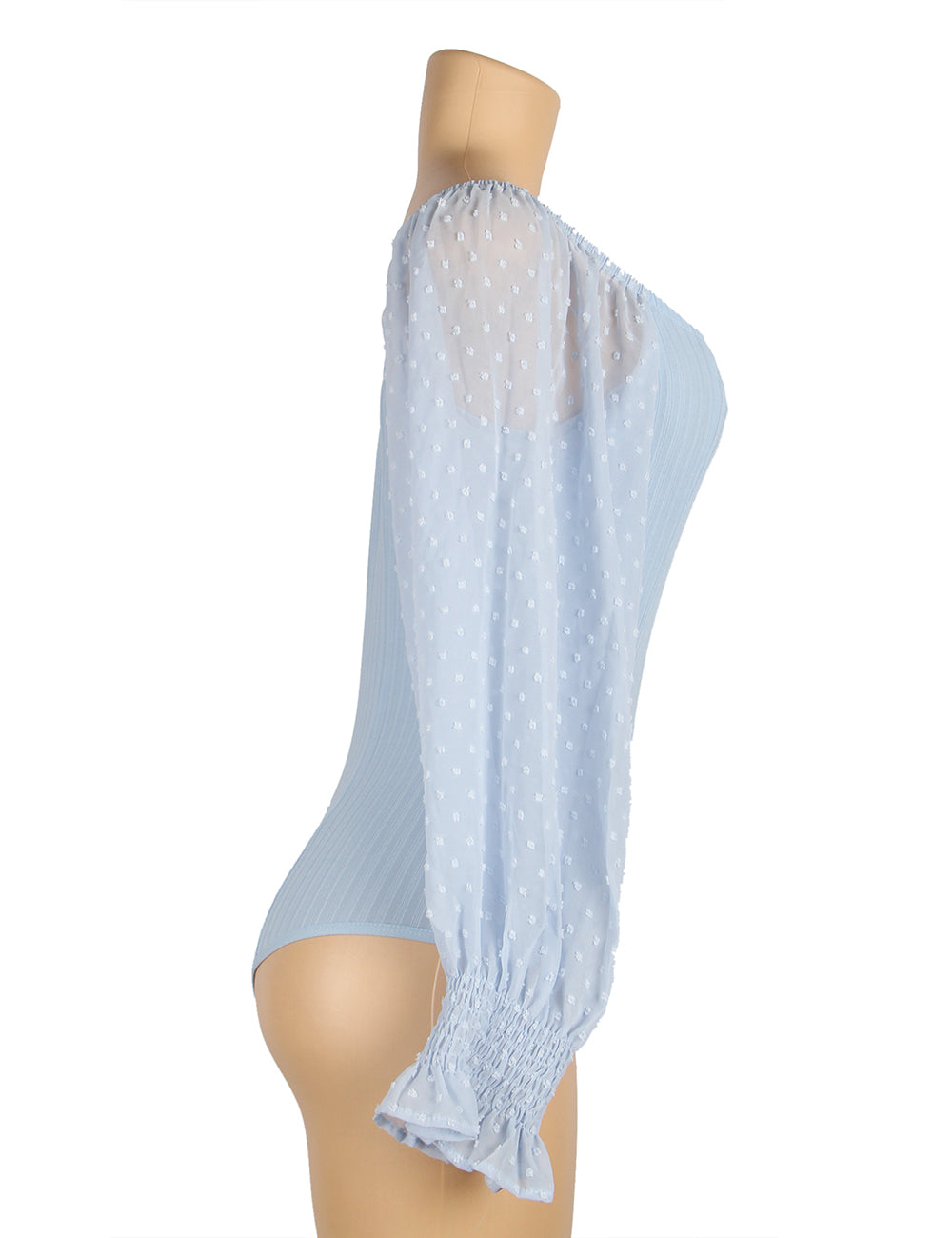 Einteiliger blauer schulterfreier Langarm-Body