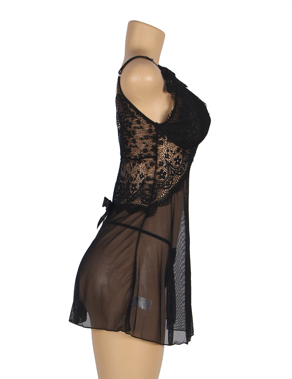 V Neck Black Lace Stitching Strap with Flower Babydoll