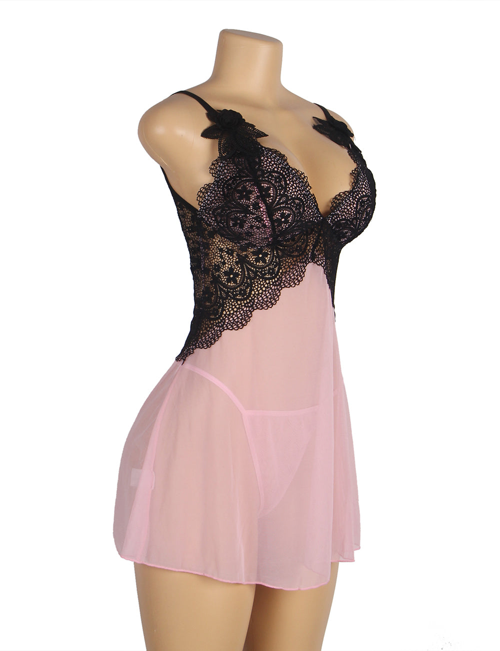 V Neck Pink Lace Stitching Strap with Flower Babydoll