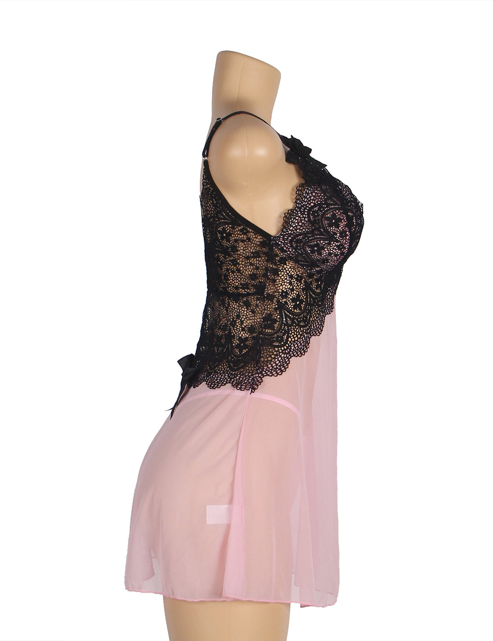 V Neck Pink Lace Stitching Strap with Flower Babydoll