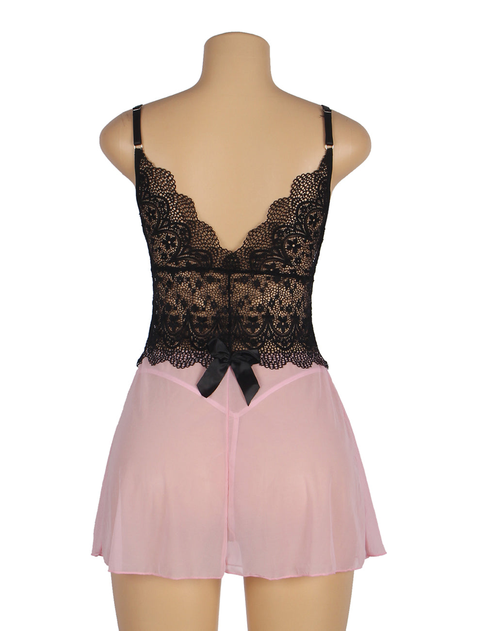 V Neck Pink Lace Stitching Strap with Flower Babydoll