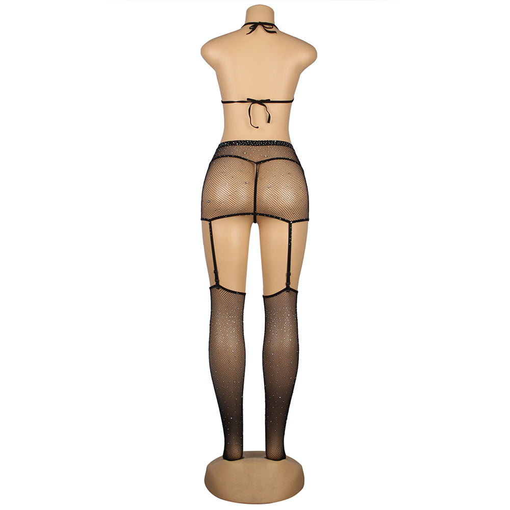 Black Sexy Diamond Fishnet Bodystocking with Gloves