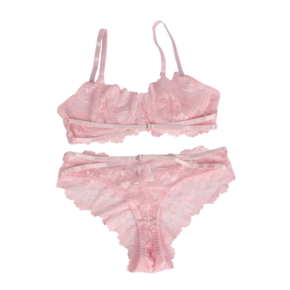 Pink Floral Lace Adjustable Strap Underwire Bra Set