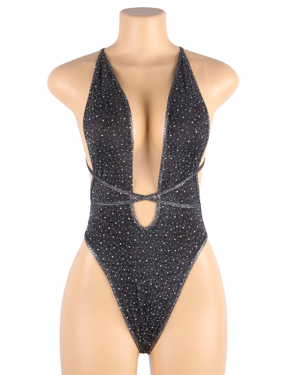 Plus Size Deep V Sexy Diamond Backless Strappy Silver Silk Teddy