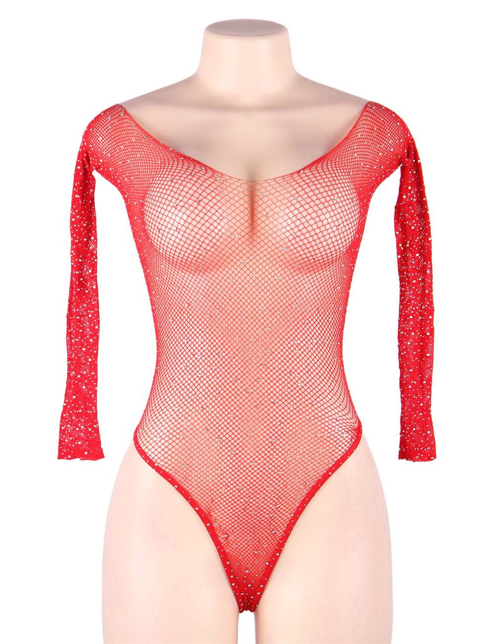 Plus Size Red Long Sleeve Fishnet Off-the-shoulder Sparkle Bodysuit