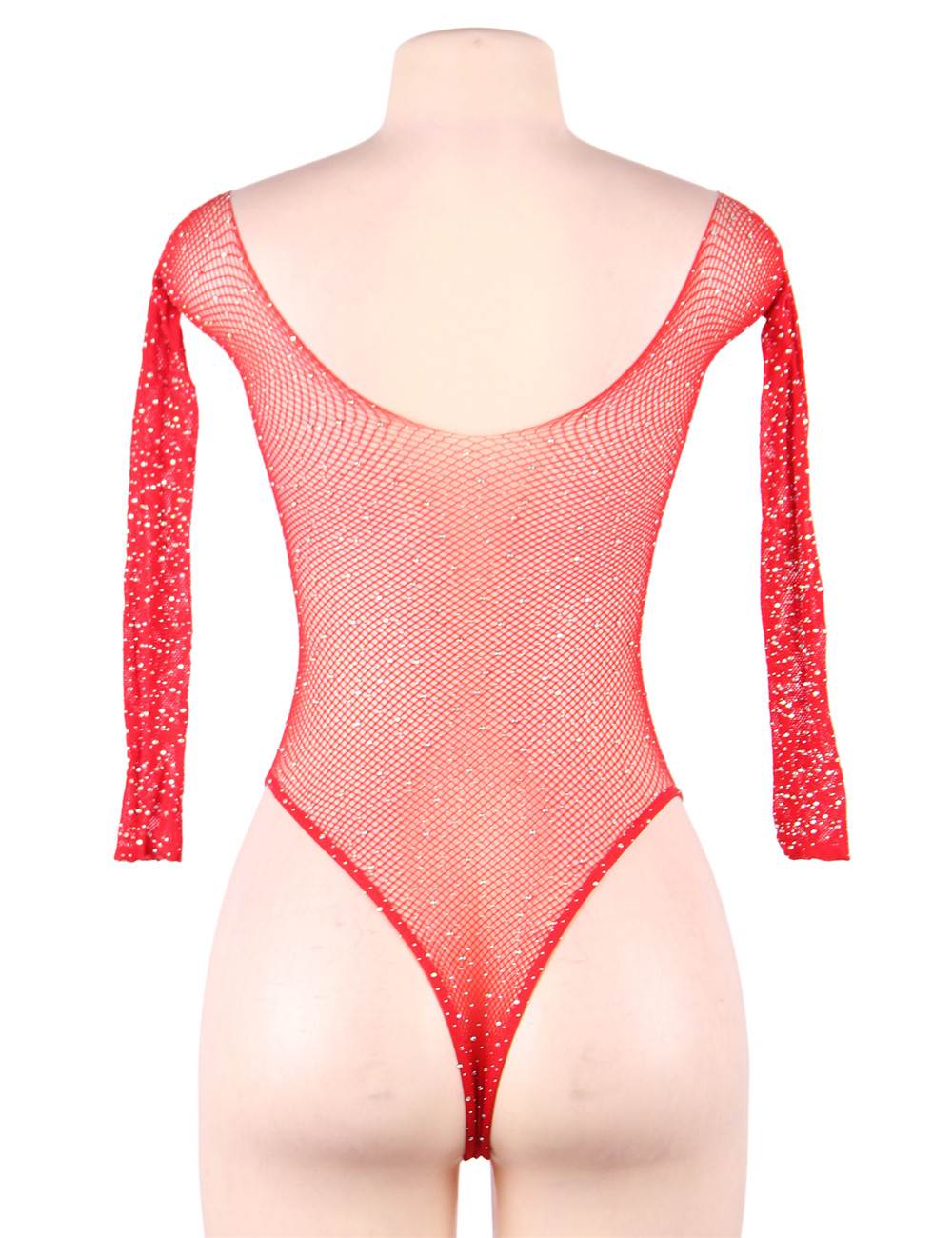 Plus Size Red Long Sleeve Fishnet Off-the-shoulder Sparkle Bodysuit