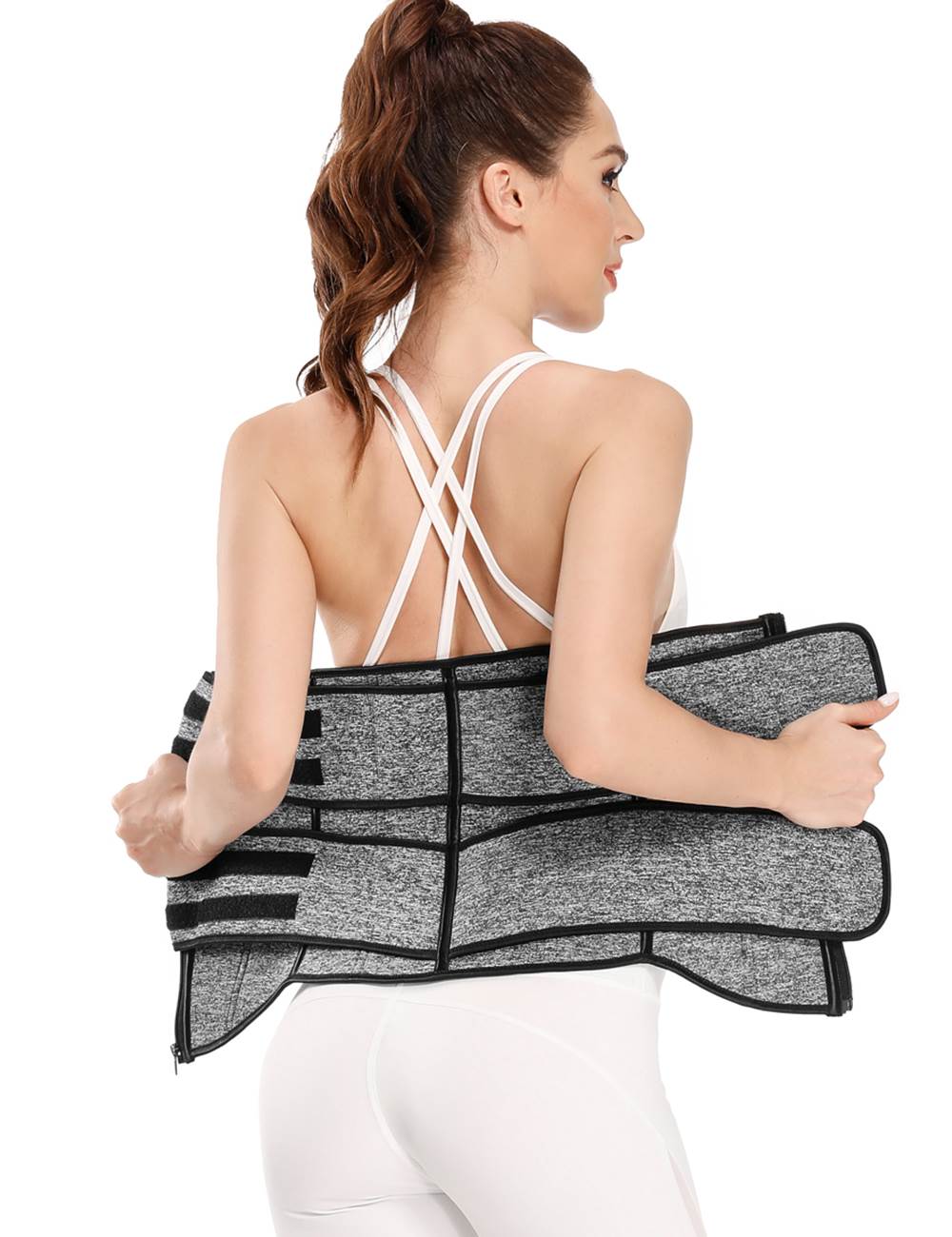 Doppelter Taillenformer mit Reißverschluss, 9 Stahlstäben, Neopren, Silber/Schwarz