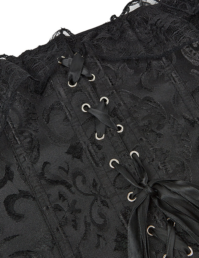 Schwarzes schulterfreies 12-teiliges Korsett aus Kunststoffstäben und Spitze mit passendem Höschen