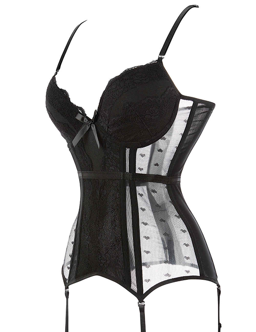 8-teiliges Korsett aus schwarzem Deluxe-Satin mit Kunststoffstäben und Spitzeneinfassung