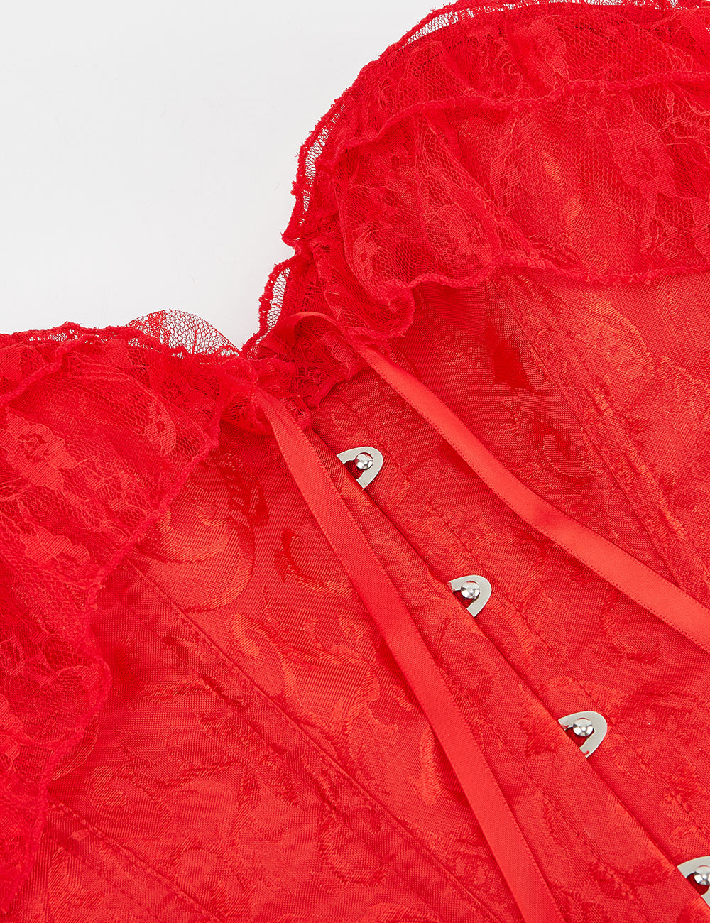 Rotes schulterfreies 12-teiliges Korsett aus Kunststoffstäben und Spitze mit passendem Höschen